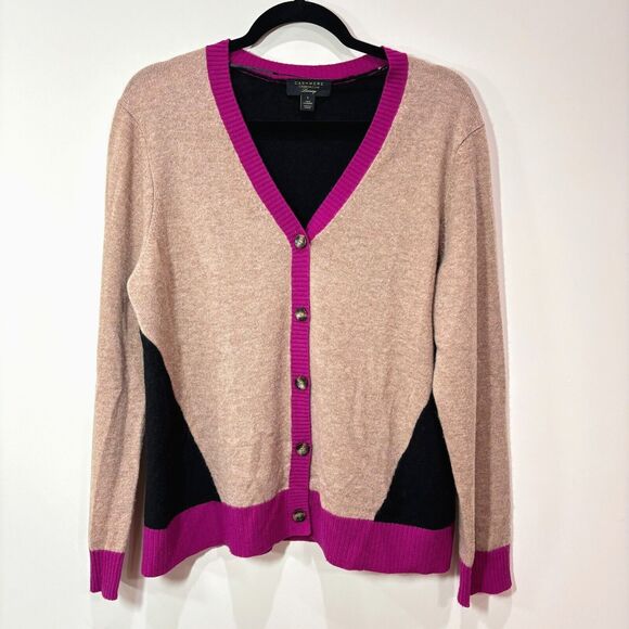 Charter Club Cashmere Sweater Cardigan Purple Tan Black Colorblock Women XL Luxe - Picture 1 of 9